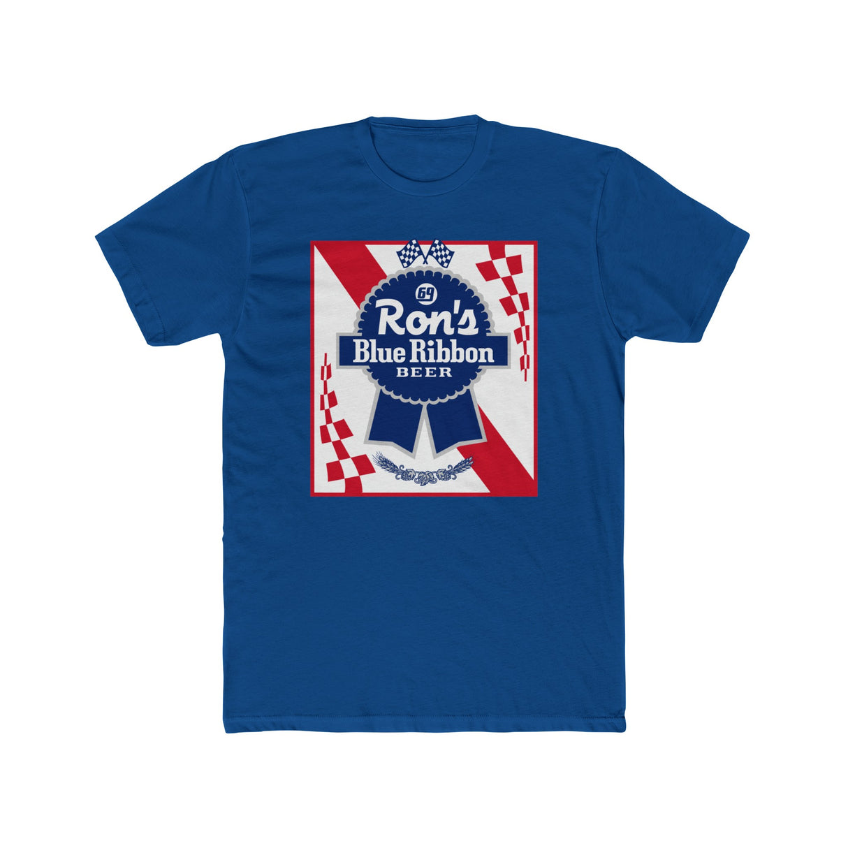 Rons Blue Ribbon Beer shirt in blue featuring retro logo design and checkered pattern, celebrating a classic beer heritage.