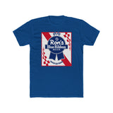 Rons Blue Ribbon Beer shirt in blue featuring retro logo design and checkered pattern, celebrating a classic beer heritage.