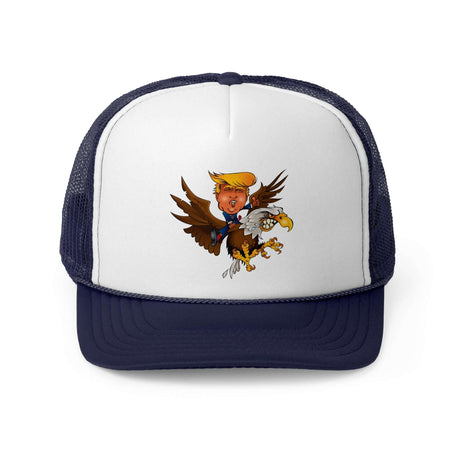 Patriotic Trump Riding Eagle Trucker Hat in red, white, and blue, showcasing bold design for stylish supporters.