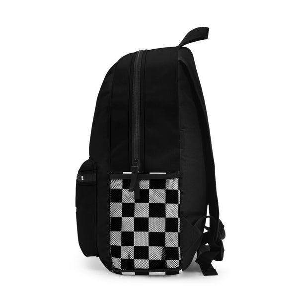 Side view of Skeleton Ronnie Mac Ride Fast Backpack with black and white checkered front pocket design.