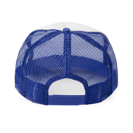 Back view of a blue mesh trucker hat, showcasing adjustable snap closure and breathable design.