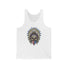 Skeleton Ronnie Mac Head Tank Top featuring a skull with an American bandana and feathered hat design on a white tank. Perfect for moto enthusiasts.