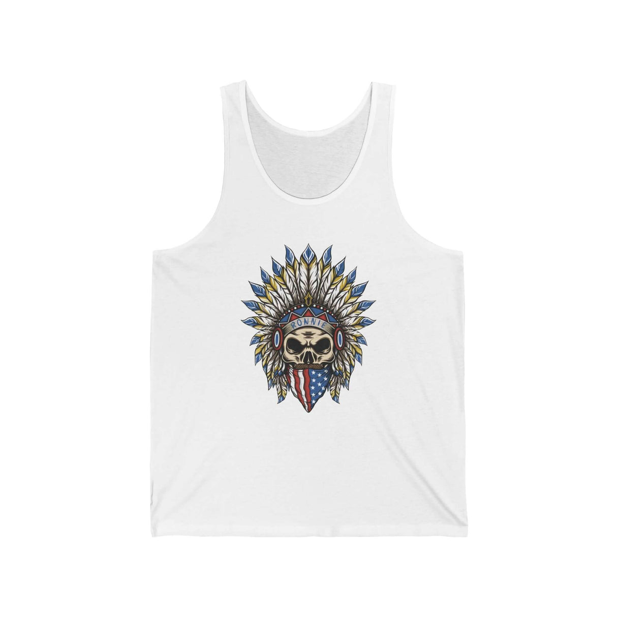 Skeleton Ronnie Mac Head Tank Top featuring a skull with an American bandana and feathered hat design on a white tank. Perfect for moto enthusiasts.