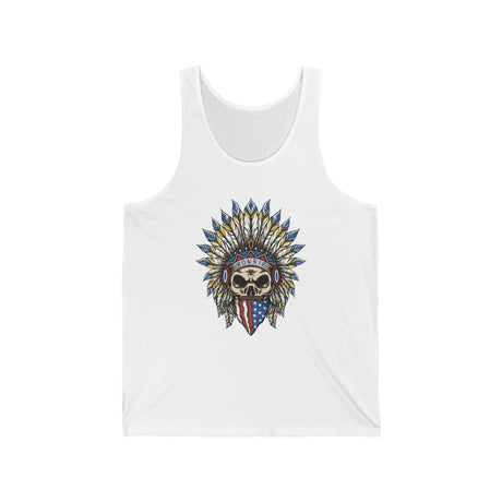 Skeleton Ronnie Mac Head Tank Top featuring a skull with an American bandana and feathered hat design on a white tank. Perfect for moto enthusiasts.
