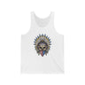 Skeleton Ronnie Mac Head Tank Top featuring a skull with an American bandana and feathered hat design on a white tank. Perfect for moto enthusiasts.