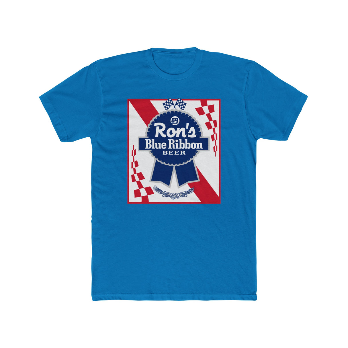 Ron's Blue Ribbon Beer shirt in blue featuring a vintage logo design. Perfect for beer enthusiasts and nostalgic memories.
