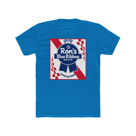 Ron's Blue Ribbon Beer shirt in blue featuring a vintage logo design. Perfect for beer enthusiasts and nostalgic memories.