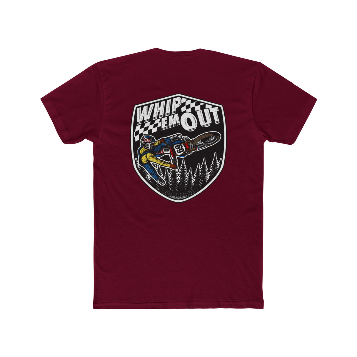 "Burgundy Whip 'Em Out Shirt featuring Ronnie Mac stunt design for dirt bike enthusiasts"