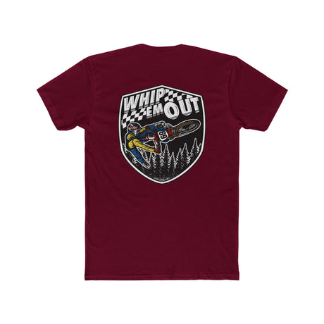 "Burgundy Whip 'Em Out Shirt featuring Ronnie Mac stunt design for dirt bike enthusiasts"