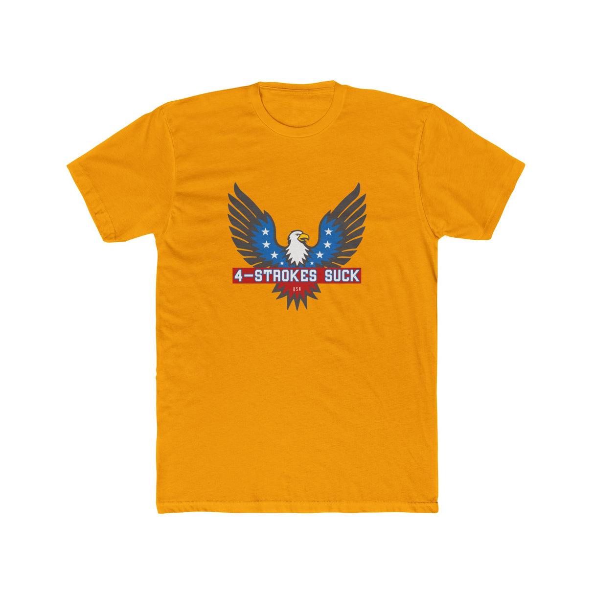 4-Strokes Suck Screamin Eagle graphic t-shirt in vibrant yellow with bold eagle design and statement print.
