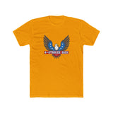 4-Strokes Suck Screamin Eagle graphic t-shirt in vibrant yellow with bold eagle design and statement print.