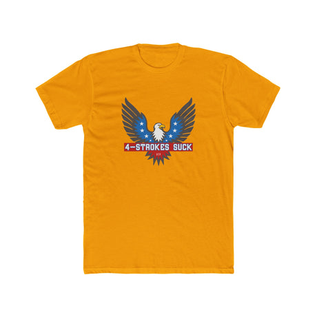 4-Strokes Suck Screamin Eagle graphic t-shirt in vibrant yellow with bold eagle design and statement print.