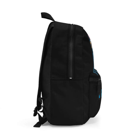 Side view of the Only 2-Strokes Lightning Backpack featuring a sleek black design with blue lightning accents and spacious compartments
