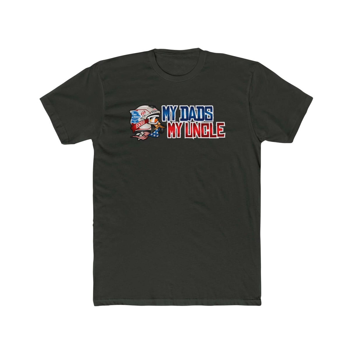 Black T-shirt with "My Dad's My Uncle" text and cartoon graphic.