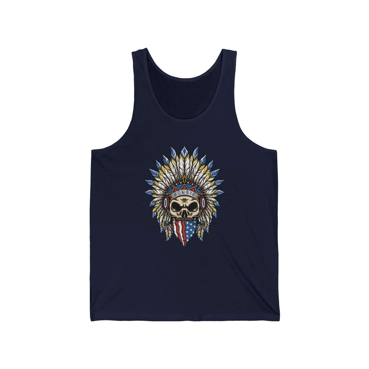 Skeleton Ronnie Tank featuring American bandana and feathered hat design on black fabric