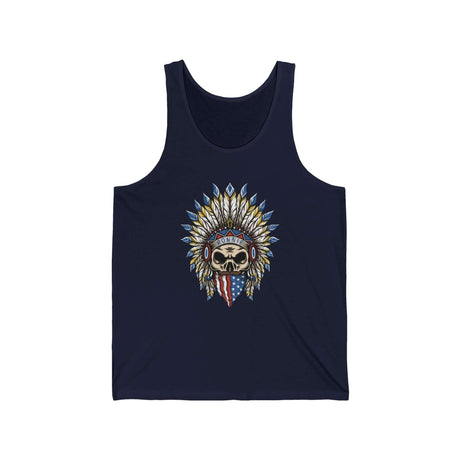 Skeleton Ronnie Tank featuring American bandana and feathered hat design on black fabric