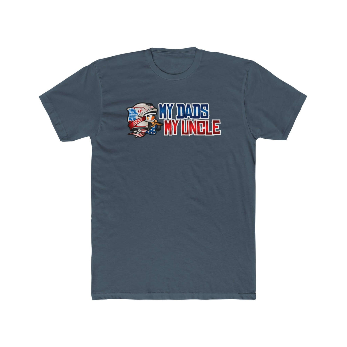 "My Dad's My Uncle T-Shirt featuring humorous graphic and text on navy blue fabric"