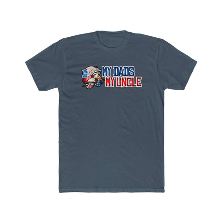 "My Dad's My Uncle T-Shirt featuring humorous graphic and text on navy blue fabric"