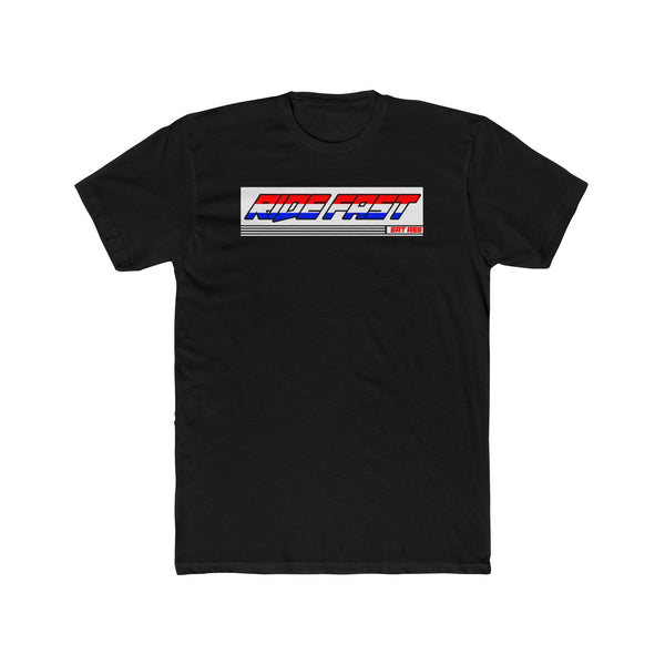 Black t-shirt with "Ride Fast, Eat Ass" slogan in bold lettering from Ronnie Mac's collection.