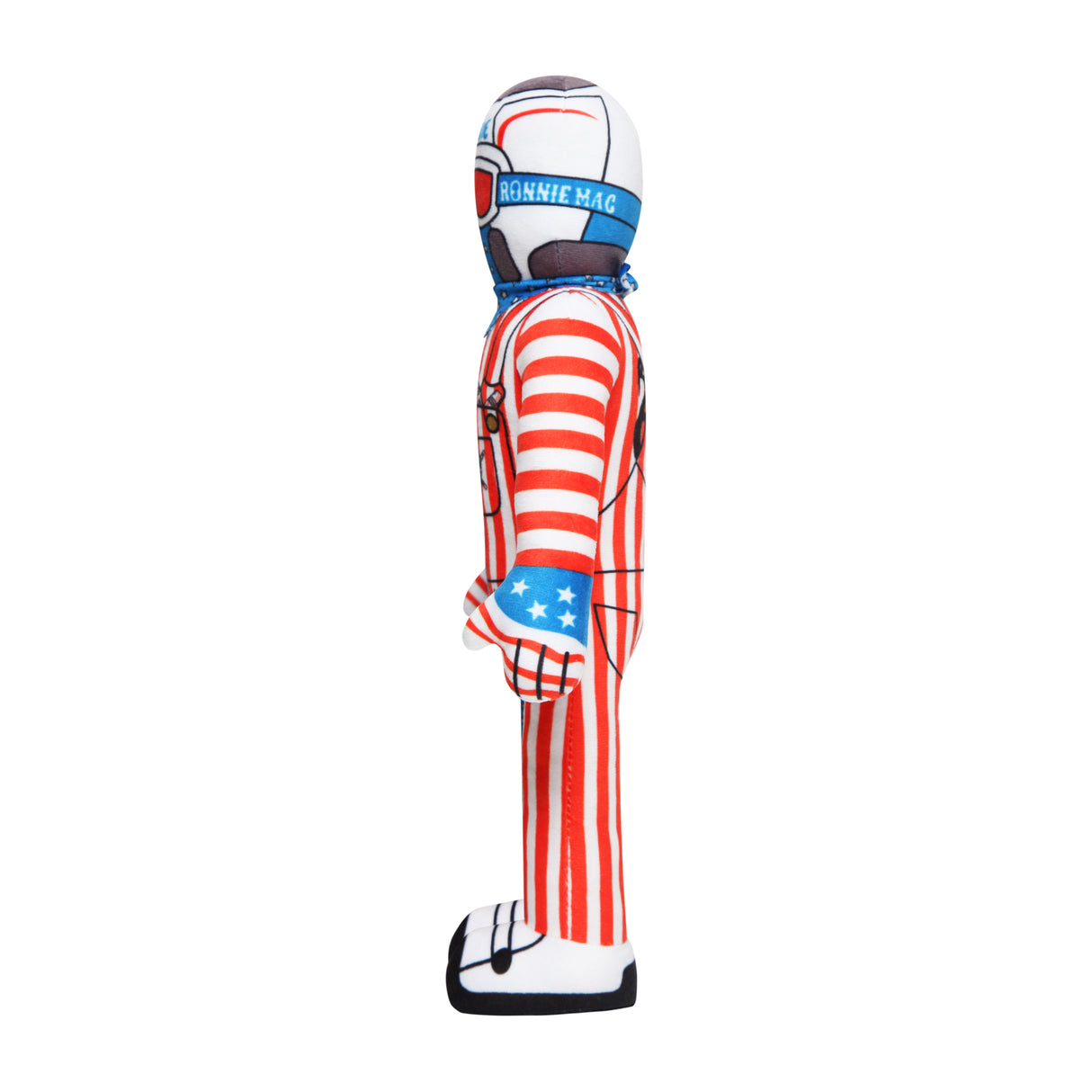 Lil Ronnie Merica Plush toy in a playful red and white striped outfit with an American flag design, side view.
