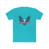 Vibrant turquoise t-shirt featuring "4-Strokes Suck" graphic with eagle design and stars, perfect for 2-stroke enthusiasts.