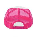 Back view of a pink mesh trucker hat with adjustable snap closure. Perfect for stylish comfort and ventilation.