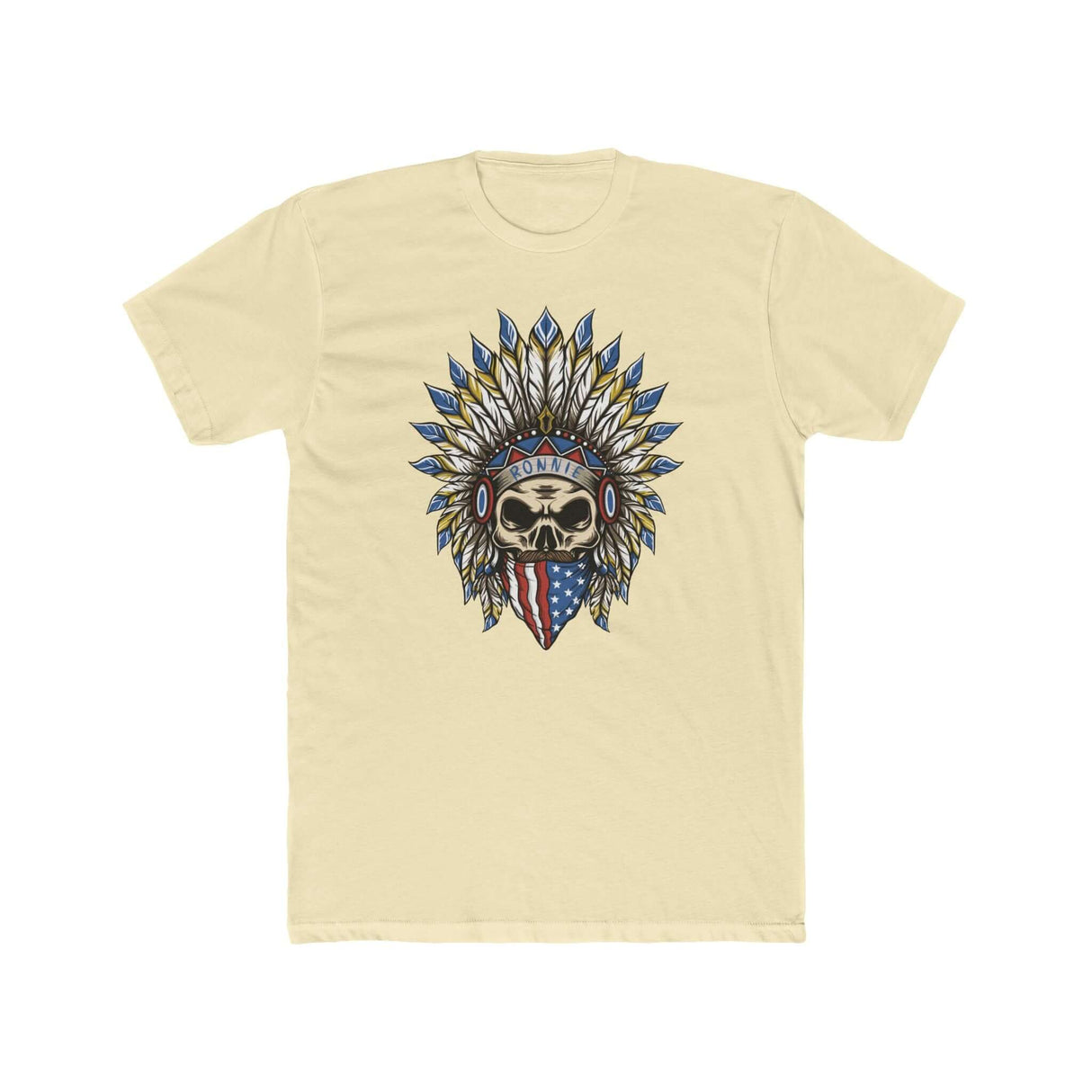 Skeleton Ronnie Shirt featuring iconic skeleton head with American bandana and feathered headdress, celebrating motocross spirit.