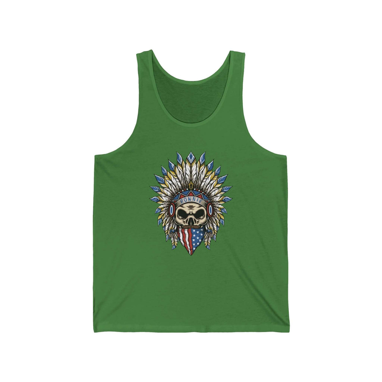 Green Skeleton Ronnie Mac Head Tank Top featuring an intricate skeleton head with an American bandana and feathered hat.