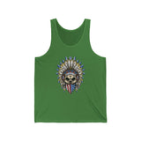 Green Skeleton Ronnie Mac Head Tank Top featuring an intricate skeleton head with an American bandana and feathered hat.
