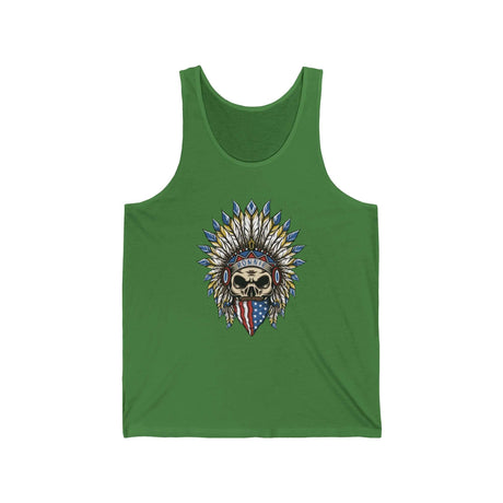 Green Skeleton Ronnie Mac Head Tank Top featuring an intricate skeleton head with an American bandana and feathered hat.