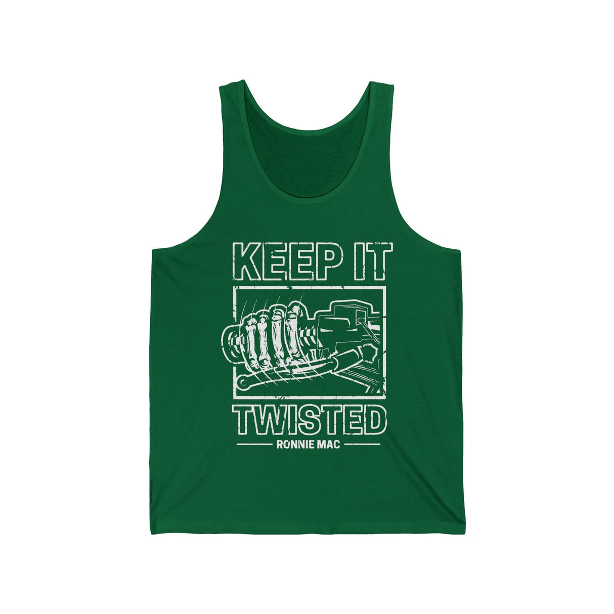 Green Keep It Twisted Tank Top with twisted design and Ronnie Mac text, perfect for showing off your wild side and love for speed
