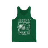 Green Keep It Twisted Tank Top with twisted design and Ronnie Mac text, perfect for showing off your wild side and love for speed
