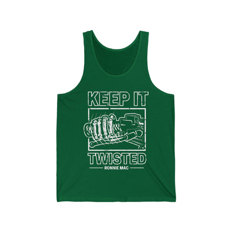 Green Keep It Twisted Tank Top with twisted design and Ronnie Mac text, perfect for showing off your wild side and love for speed