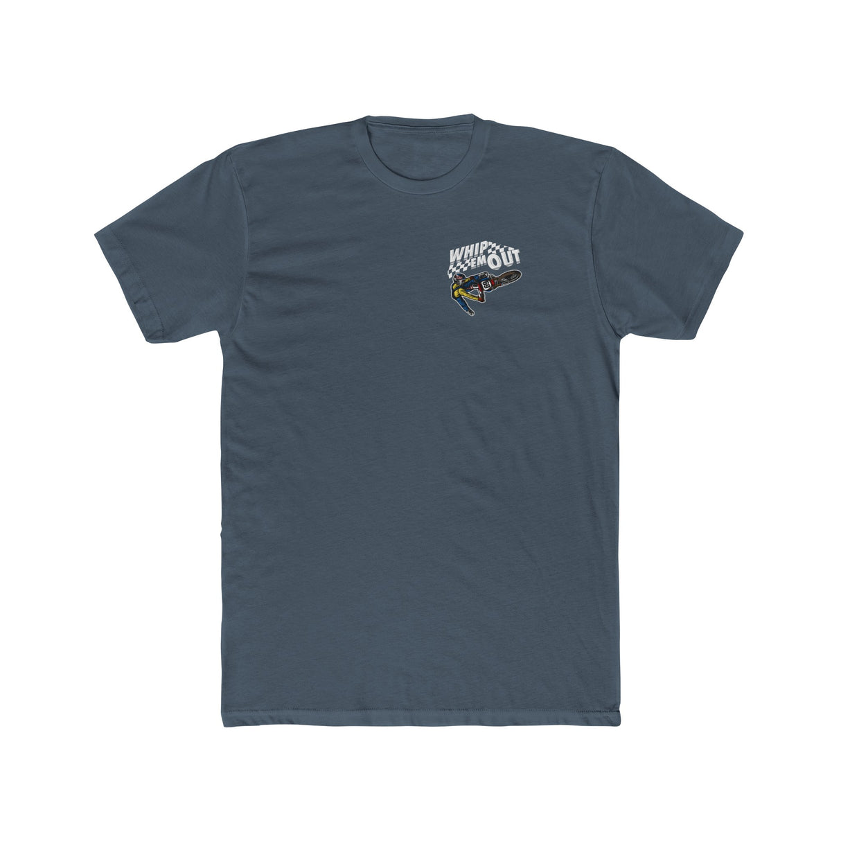 Dark blue "Whip 'Em Out" stunt shirt featuring Ronnie Mac 69's signature whip design on the front.