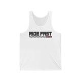 White Ride Fast Checkered Tank with bold text and block underline in a checkered pattern