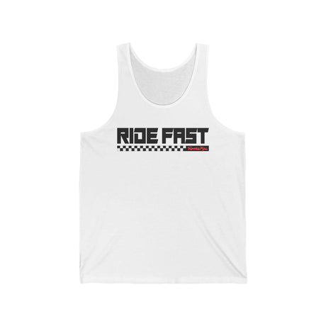 White Ride Fast Checkered Tank with bold text and block underline in a checkered pattern