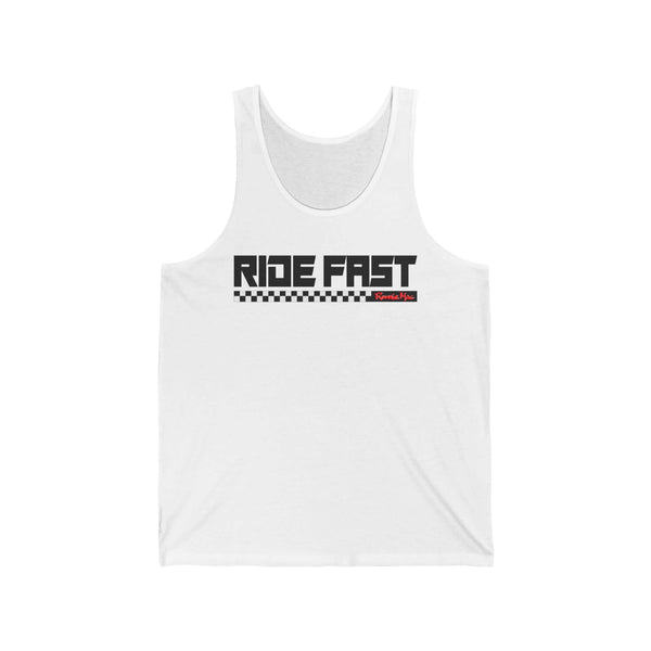 White Ride Fast Checkered Tank with bold text and block underline in a checkered pattern