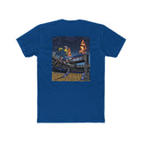 Blue Supercross Mac Nac Shirt with vivid graphic of a motocross stunt, showcasing Ronnie Mac performing the iconic maneuver near a finish line.
