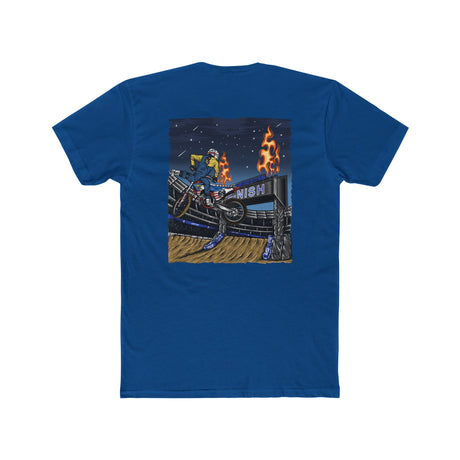 Blue Supercross Mac Nac Shirt with vivid graphic of a motocross stunt, showcasing Ronnie Mac performing the iconic maneuver near a finish line.