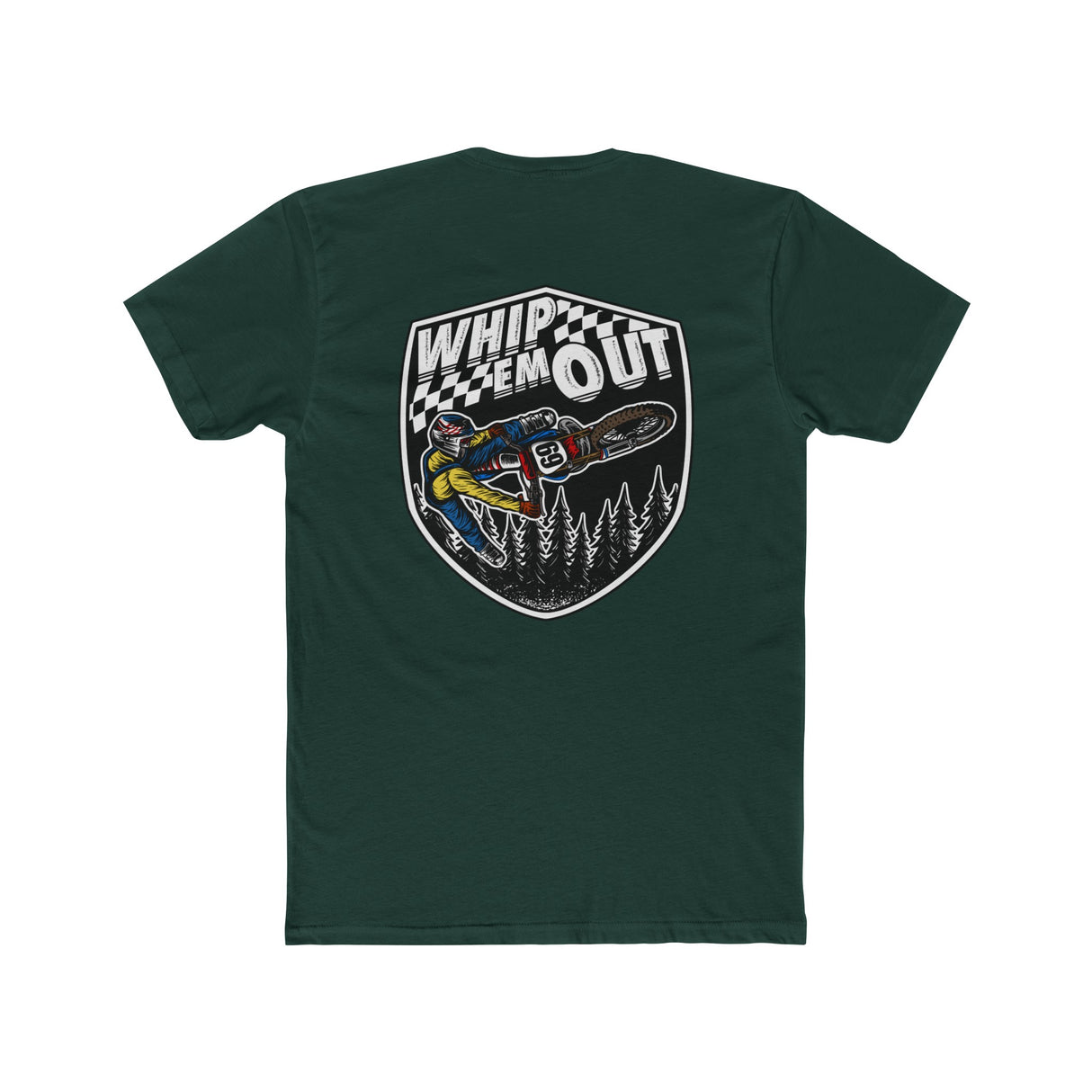Whip 'Em Out shirt featuring Ronnie Mac design and motocross stunt graphic in green color
