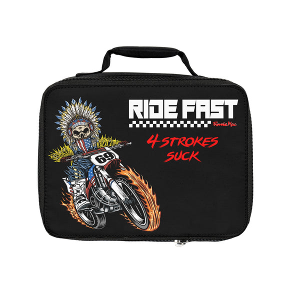 "King of Moto Skeleton Ronnie Mac Lunch Box with Ride Fast and 4 Strokes Suck graphics, ideal for motocross enthusiasts and riders"