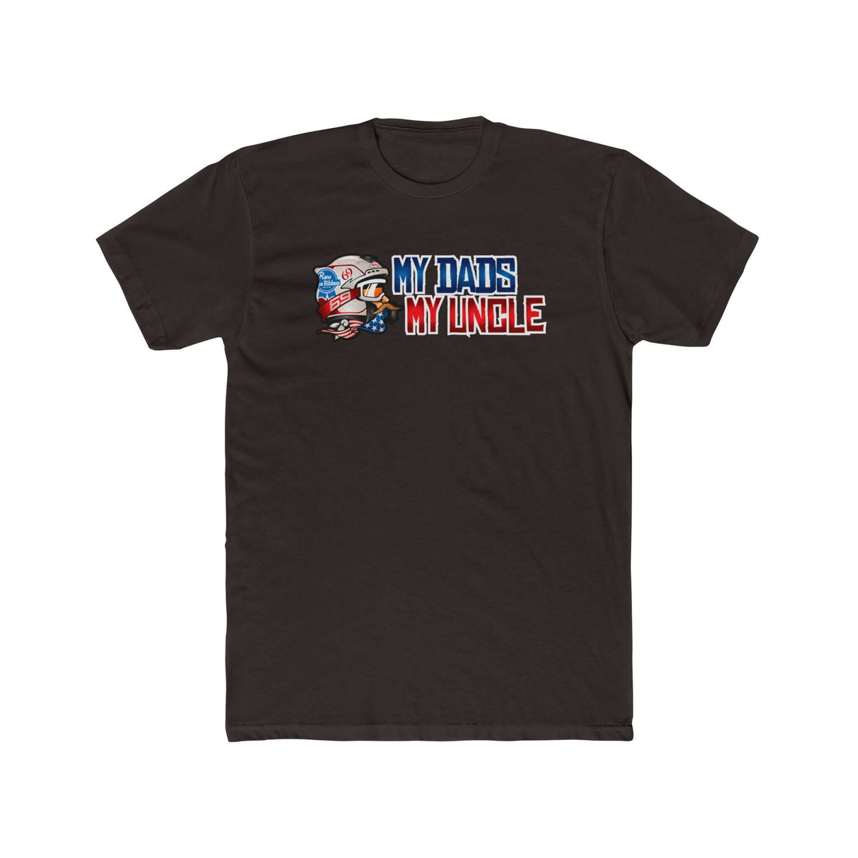 "Black t-shirt featuring humorous 'My Dad's My Uncle' graphic with cartoon character, ideal for rustic comedy fans."