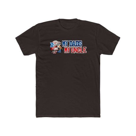 "Black t-shirt featuring humorous 'My Dad's My Uncle' graphic with cartoon character, ideal for rustic comedy fans."