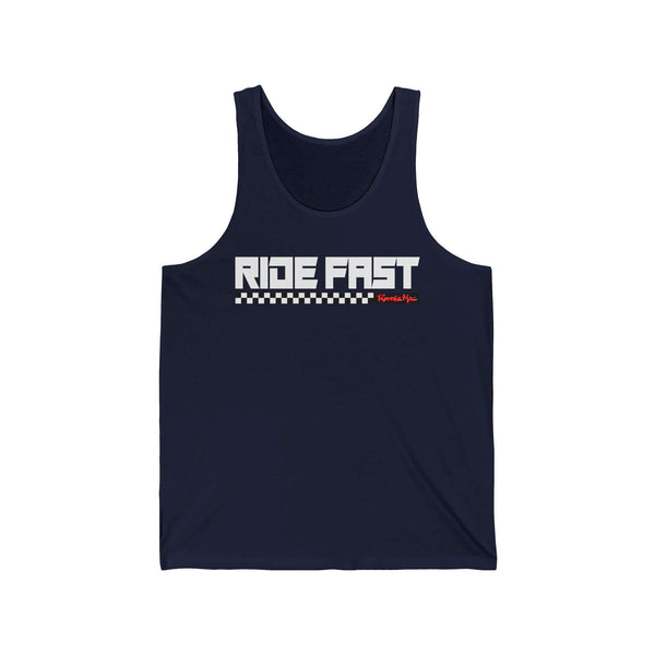 "Ride Fast Checkered Tank Top with Bold Text and Block Underline Pattern"