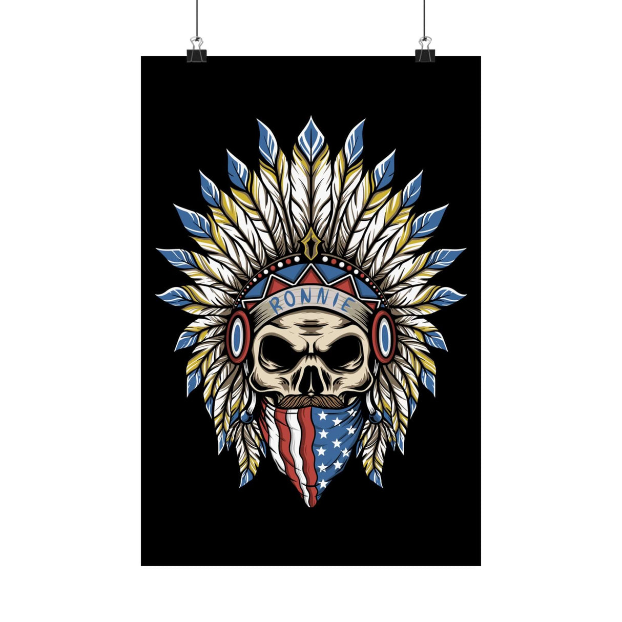 Skeleton Ronnie Mac Head Poster with American Bandana and Feathered Hat