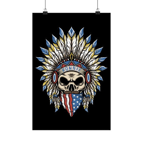 Skeleton Ronnie Mac Head Poster with American Bandana and Feathered Hat