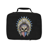 Skeleton Ronnie Lunch Box featuring motocross-inspired skull design with American flag and feather headdress.