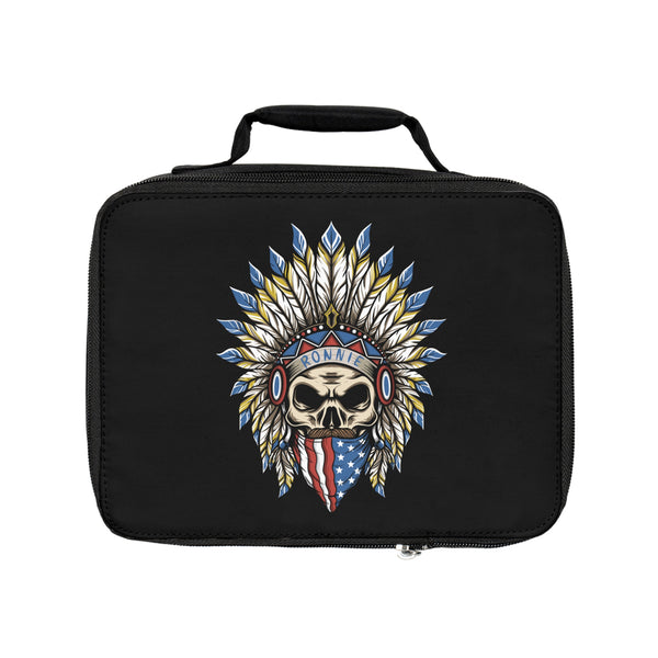 Skeleton Ronnie Lunch Box featuring motocross-inspired skull design with American flag and feather headdress.