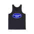 "4-Strokes Suck" Oval Tank Top for Two-Stroke Enthusiasts in Blue and White Design on Black Fabric