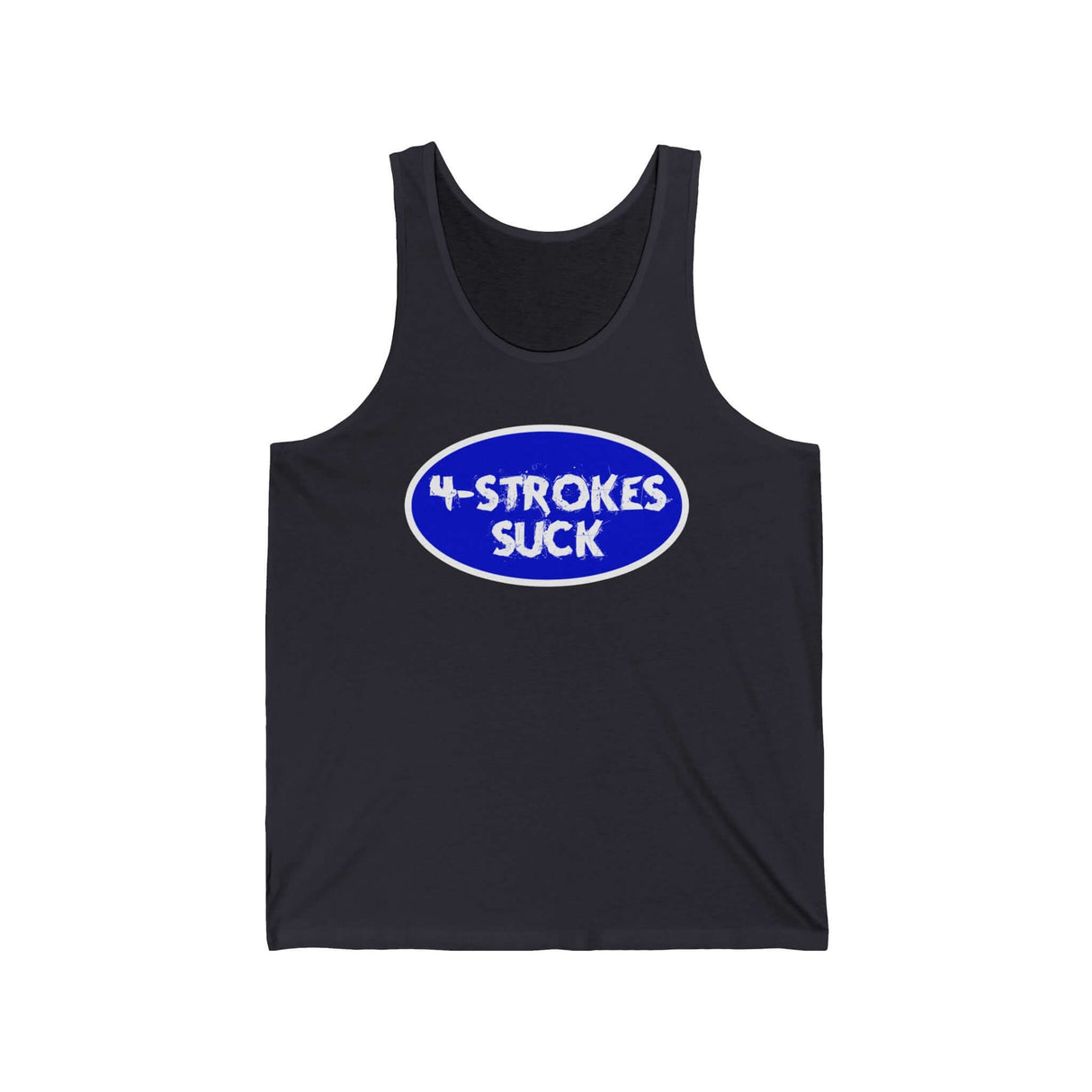 "4-Strokes Suck" Oval Tank Top for Two-Stroke Enthusiasts in Blue and White Design on Black Fabric